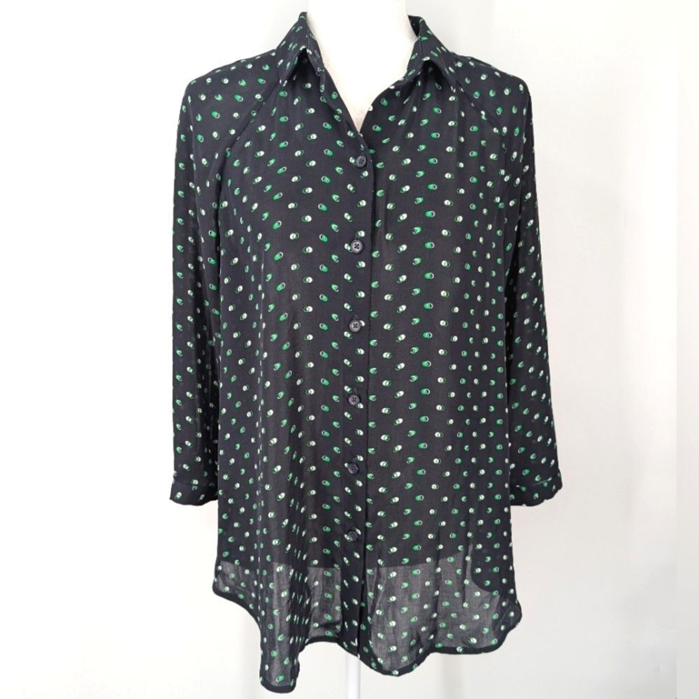 Cabi Navy Blue Green Polka Dot Long Sleeve Oversized Martini Button Blouse Small